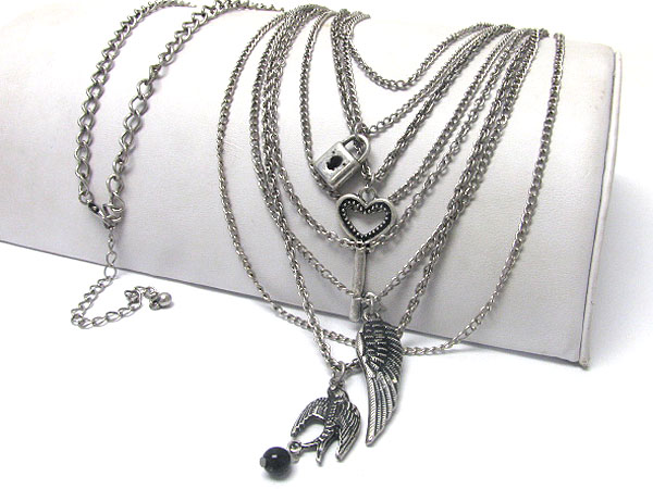 Bird wing and key and lock charm multi metal strand long chain necklace