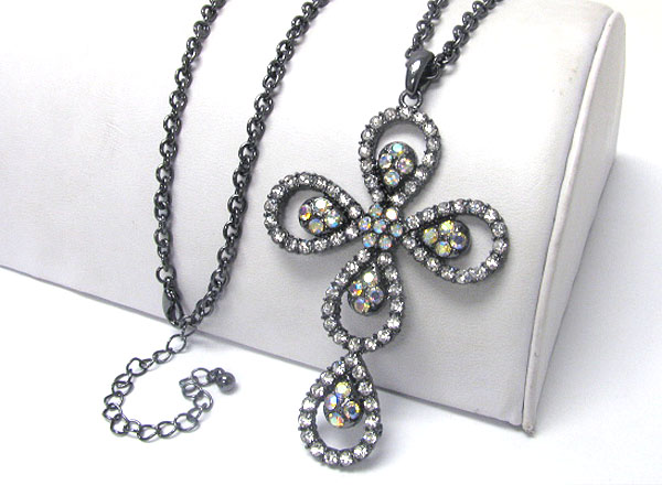 Round edge crystal deco cross pendant long chain necklace