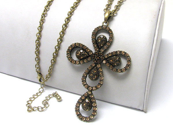 Round edge crystal deco cross pendant long chain necklace