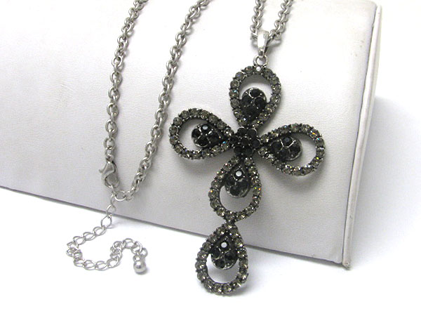 Round edge crystal deco cross pendant long chain necklace