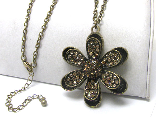 Burnish metal crystal stud flower pendant long necklace