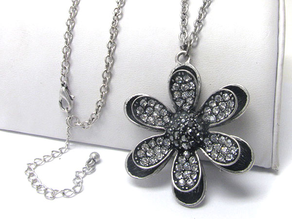 Burnish metal crystal stud flower pendant long necklace