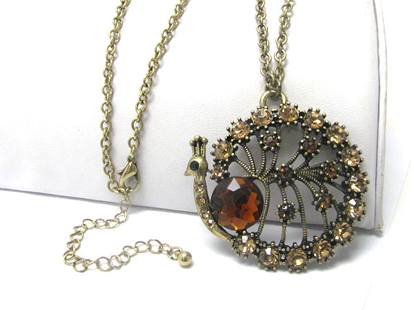 Crystal stud round peacock pendant long necklace