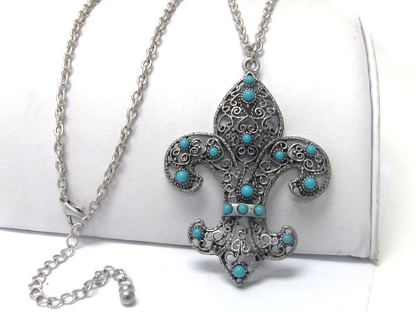 Beads deco filigree fleur de lis pendant long necklace