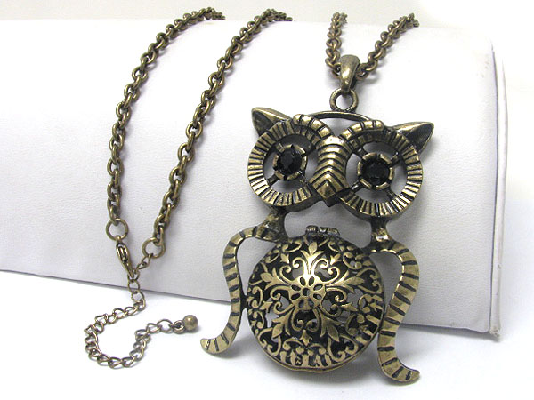 Metal filigree owl pendant long necklace