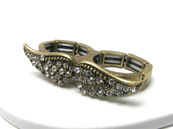 Crystal stud burnish metal wing dual finger stretch ring