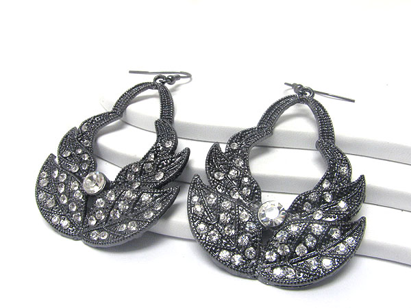 Crystal stud burnish metal leaves design earring