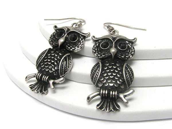 Crystal stud burnish metal owl earring