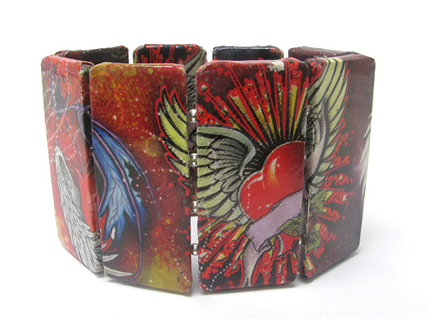 Paper art work wood stretch bracelet - heart and wing theme