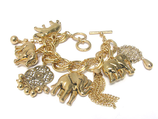 Metal elephant charm and tassel dangle bracelet