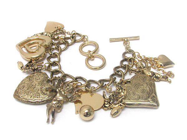 Multi metal engraved heart charm bracelet