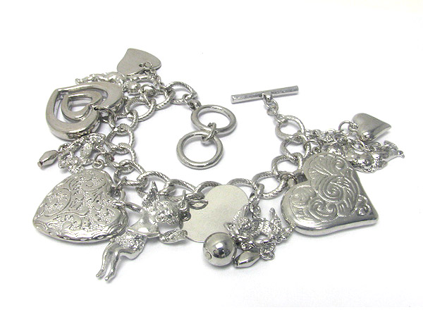 Multi metal engraved heart charm bracelet