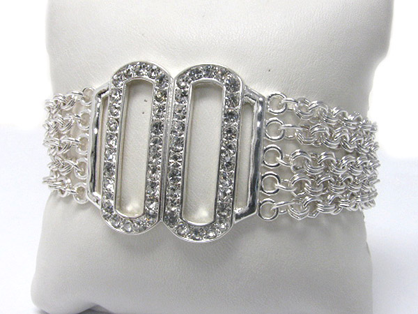 Crystal stud round disk and multi row chain link bracelet