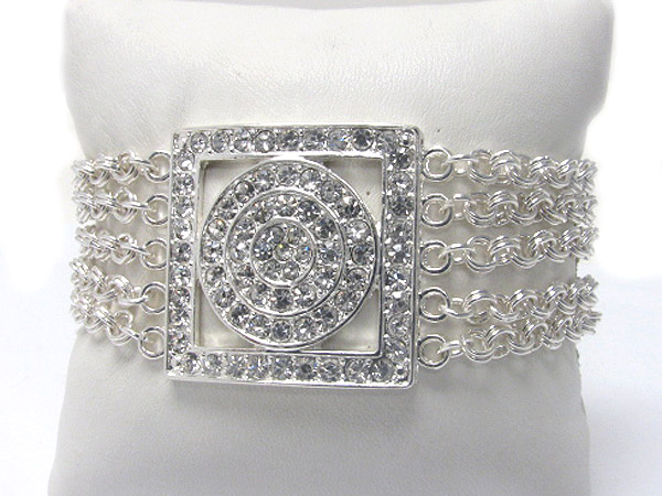 Crystal stud round disk and multi row chain link bracelet