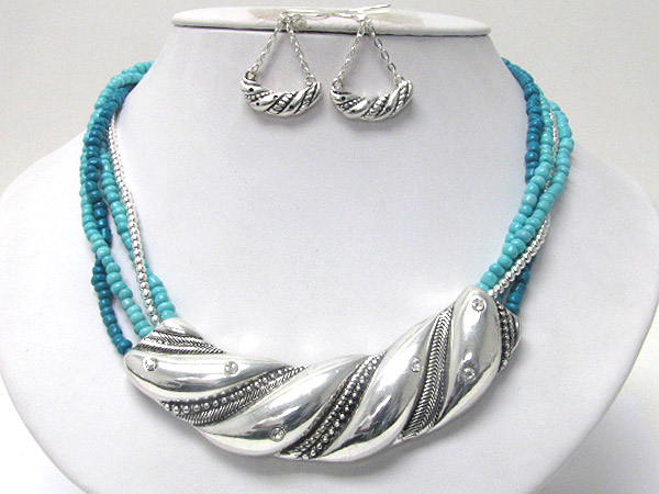 Metal art swirl bar and multi strand beads necklace earrign set