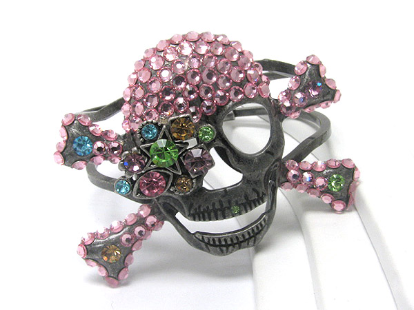 Large crystal stud skull metal hinge bangle