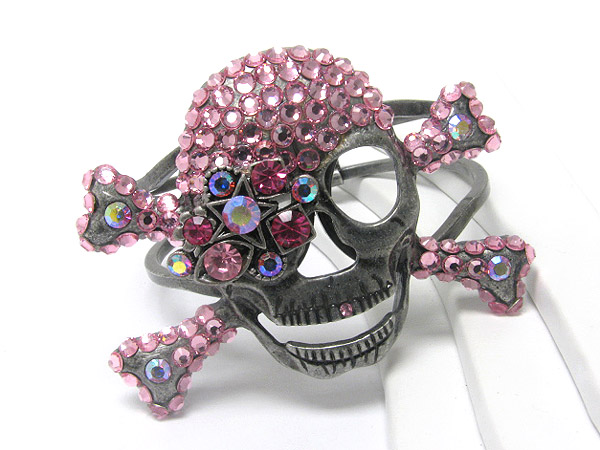 Large crystal stud skull metal hinge bangle