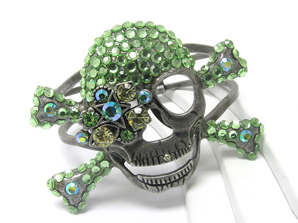 Large crystal stud skull metal hinge bangle