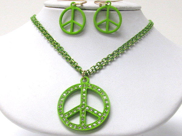 Crystal stud colored metal peace mark pendant necklace earring set