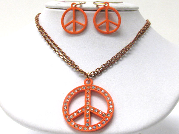 Crystal stud colored metal peace mark pendant necklace earring set