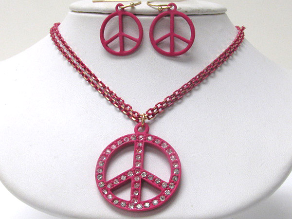 Crystal stud colored metal peace mark pendant necklace earring set