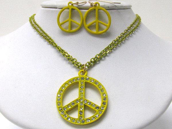 Crystal stud colored metal peace mark pendant necklace earring set