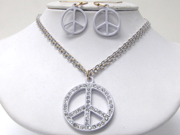 Crystal stud colored metal peace mark pendant necklace earring set