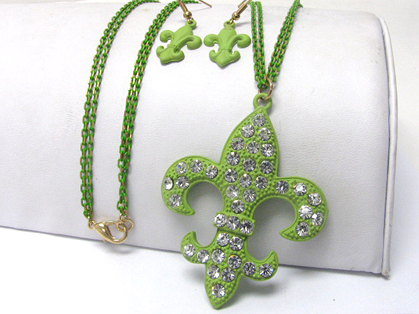 Crystal stud colored metal fleur de lis pendant necklace earring set