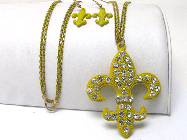 Crystal stud colored metal fleur de lis pendant necklace earring set