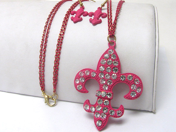 Crystal stud colored metal fleur de lis pendant necklace earring set