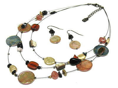 Multi shape shell and acryl bead and fine thread chain necklace and earring set