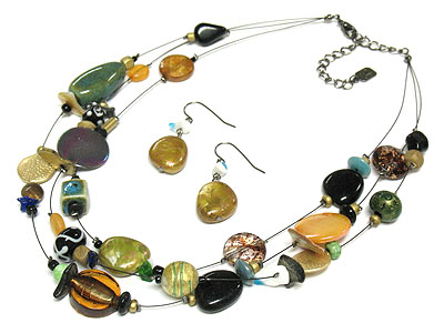 Multi shape shell and acryl bead and fine thread chain necklace and earring set