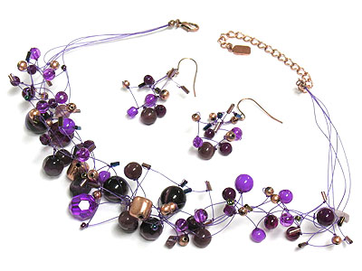 Multi shape bead and fine thread chain necklace and earring set