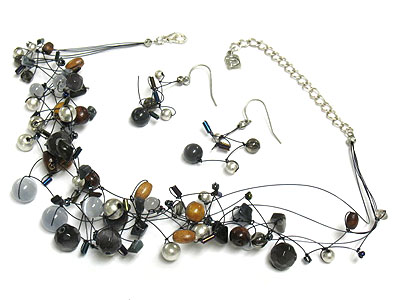 Multi shape bead and fine thread chain necklace and earring set