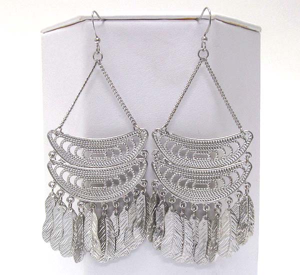 Two half oval metal and multi metal filigree feather drop earring 