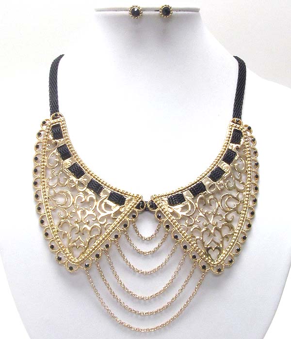 Multi crysal and filigree deco collar bib snake chain necklace earring set