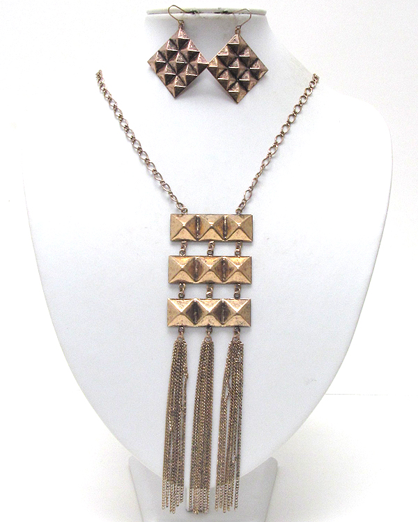 Metal spikes patern square drop multi chain dangle long necklace earring set