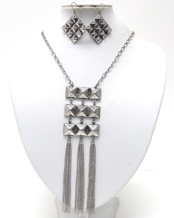 Metal spikes patern square drop multi chain dangle long necklace earring set