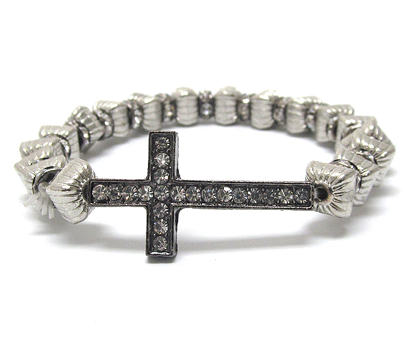 Crystal metal cross with multi rondelle crystal and textured metal balls on stretch barcelet