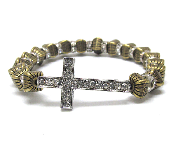 Crystal metal cross with multi rondelle crystal and textured metal balls on stretch barcelet