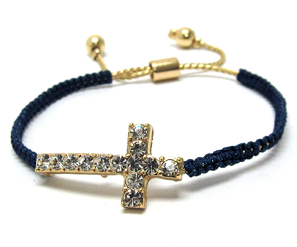 Crystal cross with balls dangle ends and metal cord fabric friendship bracelet