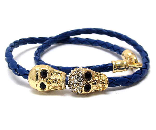 Two crystal skull and leather wrap cord friendship bracelet