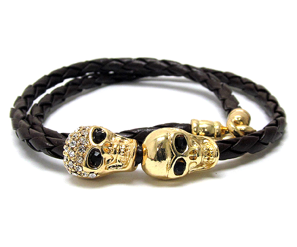 Two crystal skull and leather wrap cord friendship bracelet