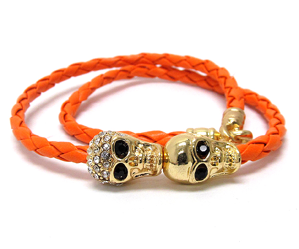 Two crystal skull and leather wrap cord friendship bracelet