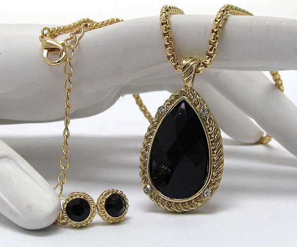 Crystal glass tear drop stone with snake chain necklace earring set