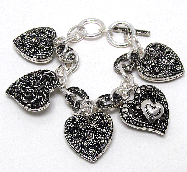 Marcasite look metal hearts charm dangle toggle bracelet