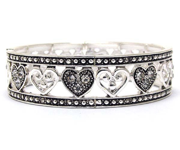 Crystal metal textured heart pattern stretch bracelet