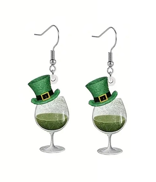 St patrick day theme hat and wine glass earring