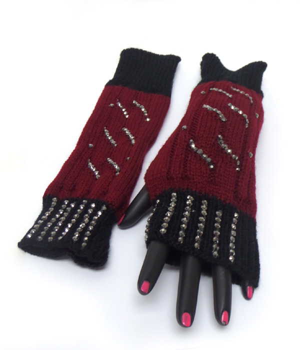 Two color crystal wave pattern open fingertip knit glove 