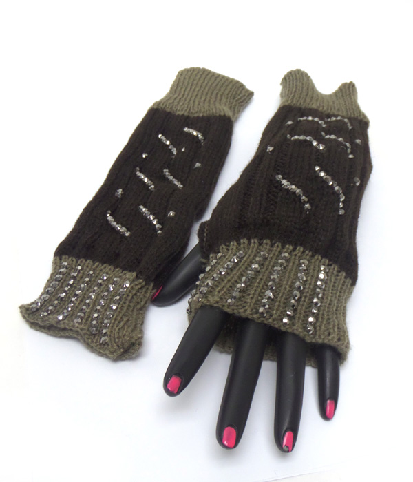 Two color crystal wave pattern open fingertip knit glove